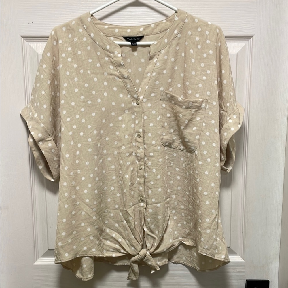 Tahari | Tan | Button Down Blouse | Cuffed Dolman Sleeves & Tie Front| Size XXL